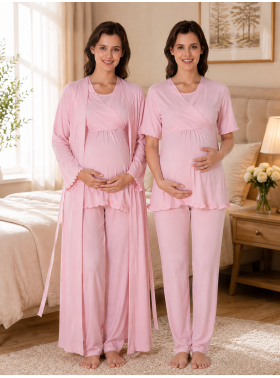 Effortt 3034 Pudra Sabahlıklı Hamile Lohusa Pijama Takımı